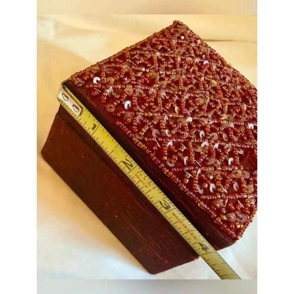 Vintage Red Beaded Wooden Jewelry Box Trinket Keepsake Box Mirror Boho Decor